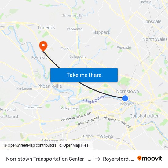 Norristown Transportation Center - Nhsl to Royersford, PA map