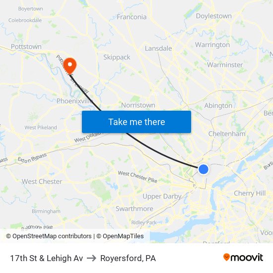 17th St & Lehigh Av to Royersford, PA map