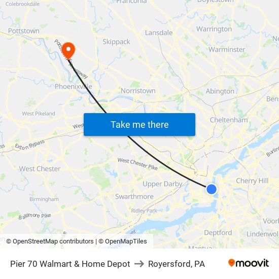 Pier 70 Walmart & Home Depot to Royersford, PA map