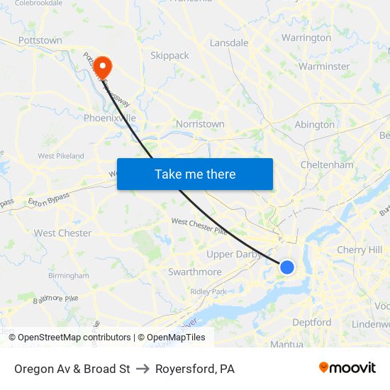 Oregon Av & Broad St to Royersford, PA map