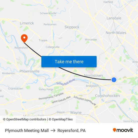 Plymouth Meeting Mall to Royersford, PA map