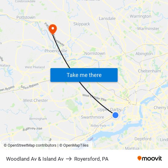 Woodland Av & Island Av to Royersford, PA map
