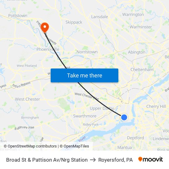 Broad St & Pattison Av/Nrg Station to Royersford, PA map