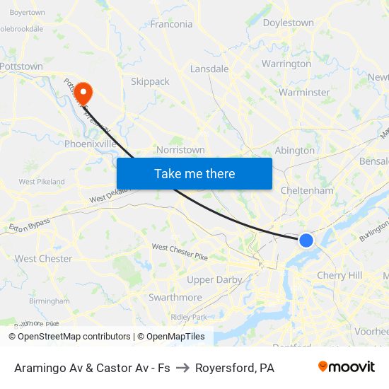 Aramingo Av & Castor Av - Fs to Royersford, PA map