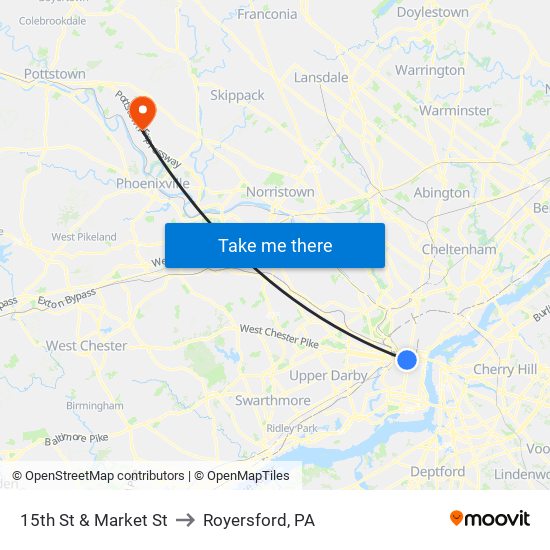 15th St & Market St to Royersford, PA map