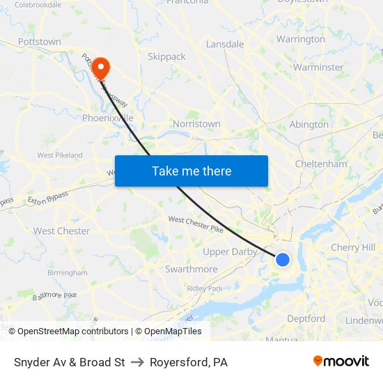 Snyder Av & Broad St to Royersford, PA map
