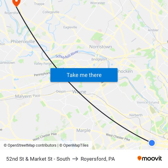 52nd St & Market St - South to Royersford, PA map