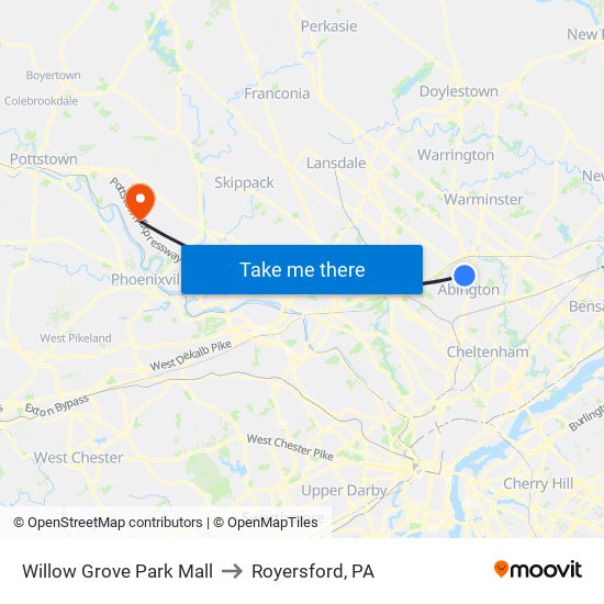 Willow Grove Park Mall to Royersford, PA map