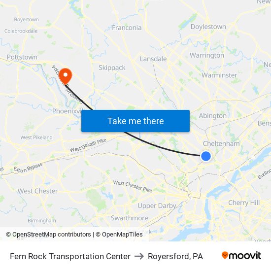 Fern Rock Transportation Center to Royersford, PA map