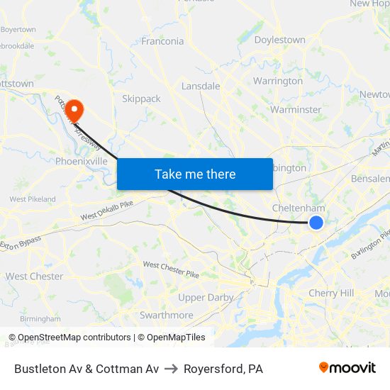 Bustleton Av & Cottman Av to Royersford, PA map