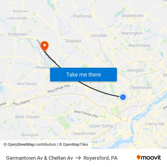 Germantown Av & Chelten Av to Royersford, PA map