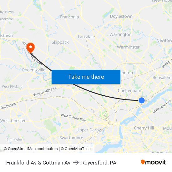 Frankford Av & Cottman Av to Royersford, PA map