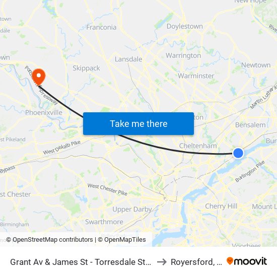 Grant Av & James St - Torresdale Station to Royersford, PA map