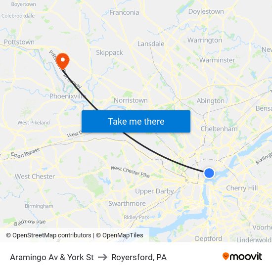 Aramingo Av & York St to Royersford, PA map