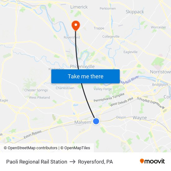 Paoli Regional Rail Station to Royersford, PA map