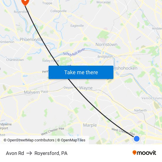 Avon Rd to Royersford, PA map