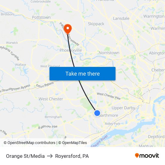 Orange St/Media to Royersford, PA map