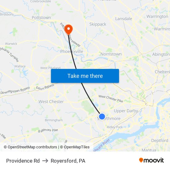 Providence Rd to Royersford, PA map