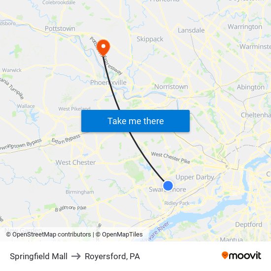Springfield Mall to Royersford, PA map