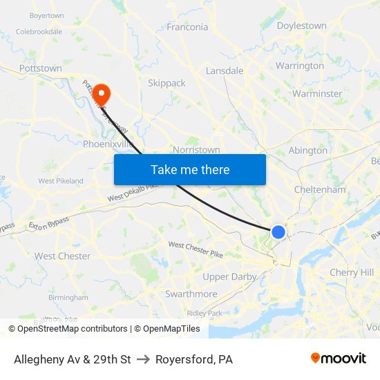 Allegheny Av & 29th St to Royersford, PA map
