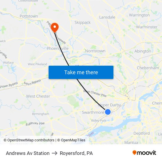 Andrews Av Station to Royersford, PA map