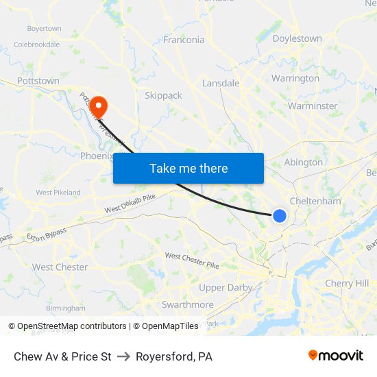 Chew Av & Price St to Royersford, PA map