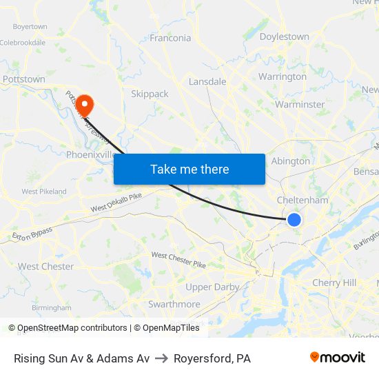 Rising Sun Av & Adams Av to Royersford, PA map