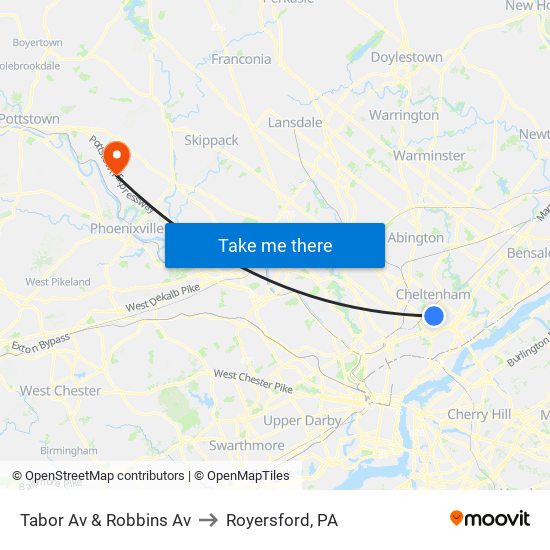 Tabor Av & Robbins Av to Royersford, PA map