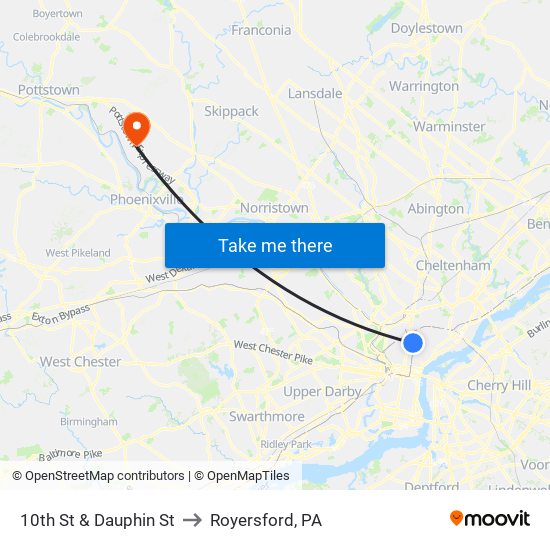 10th St & Dauphin St to Royersford, PA map