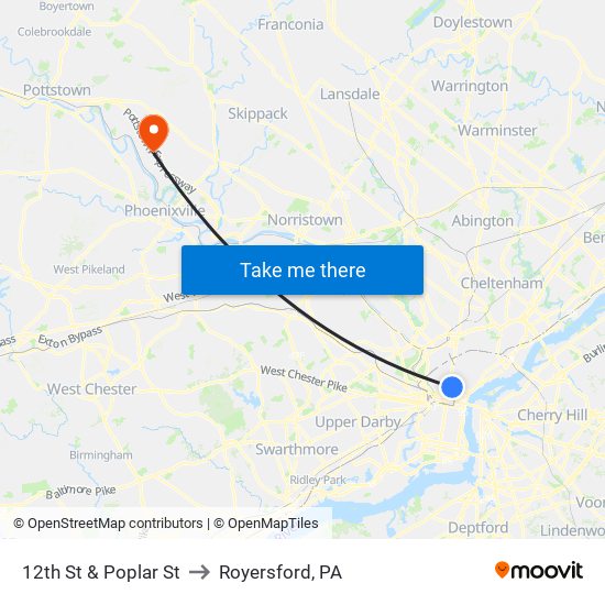 12th St & Poplar St to Royersford, PA map