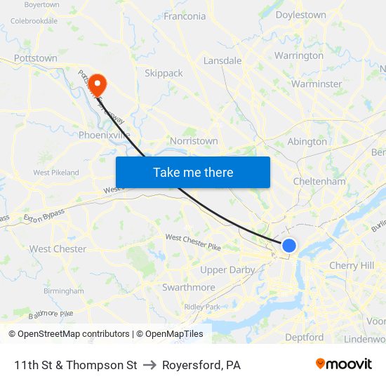 11th St & Thompson St to Royersford, PA map