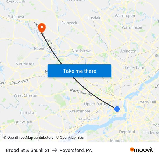 Broad St & Shunk St to Royersford, PA map