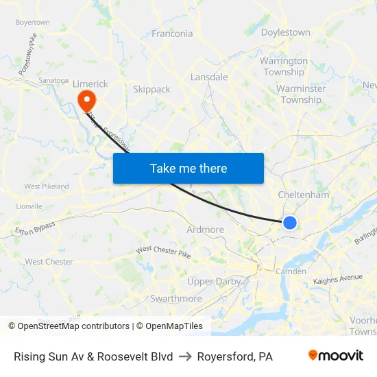 Rising Sun Av & Roosevelt Blvd to Royersford, PA map