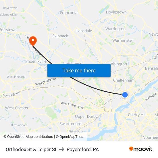 Orthodox St & Leiper St to Royersford, PA map