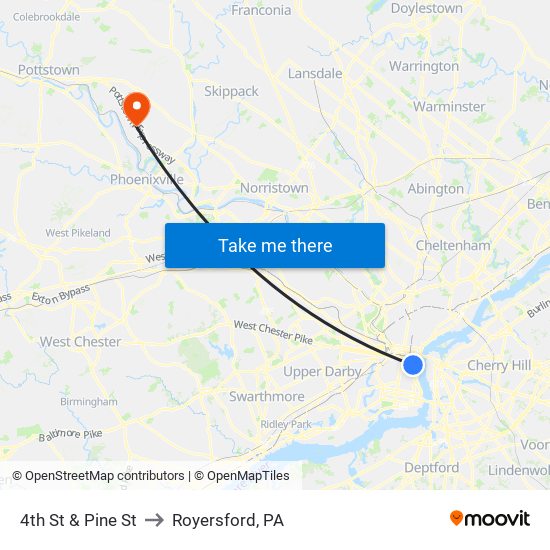 4th St & Pine St to Royersford, PA map