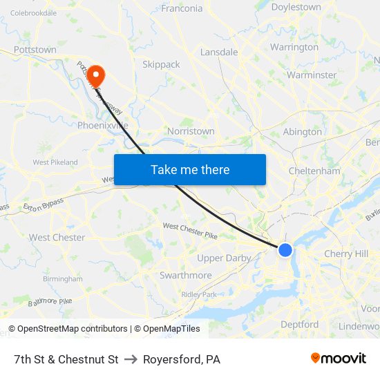 7th St & Chestnut St to Royersford, PA map