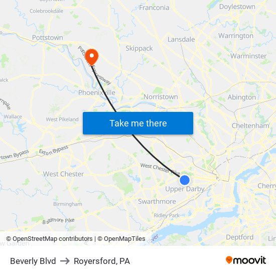 Beverly Blvd to Royersford, PA map