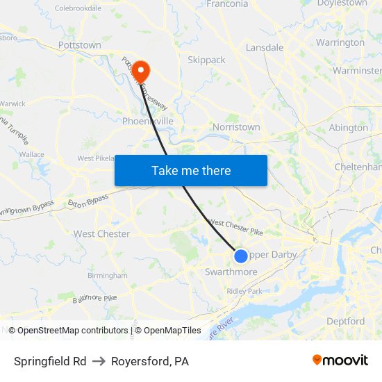 Springfield Rd to Royersford, PA map