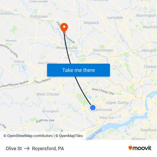 Olive St to Royersford, PA map
