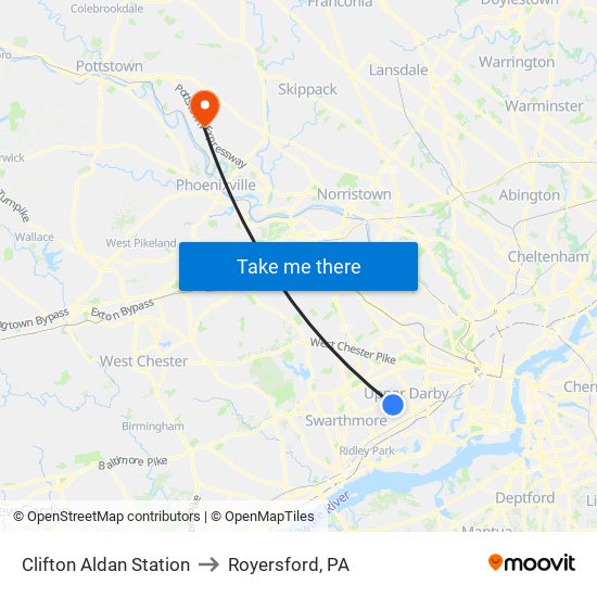 Clifton Aldan Station to Royersford, PA map