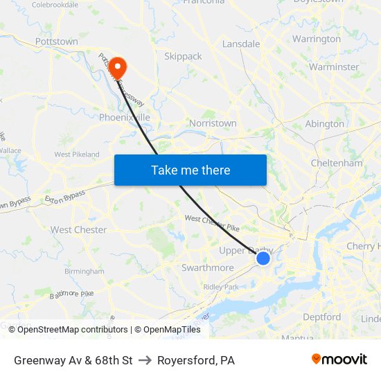 Greenway Av & 68th St to Royersford, PA map