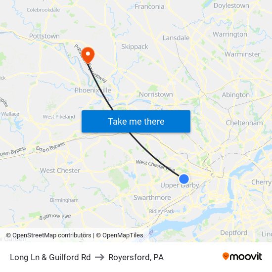 Long Ln & Guilford Rd to Royersford, PA map