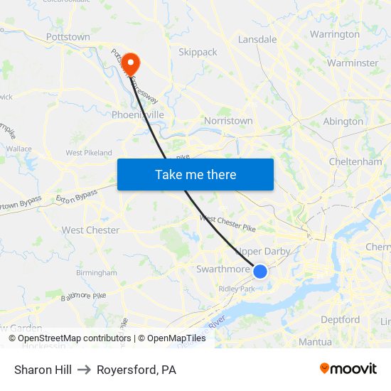 Sharon Hill to Royersford, PA map