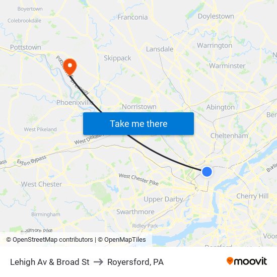 Lehigh Av & Broad St to Royersford, PA map