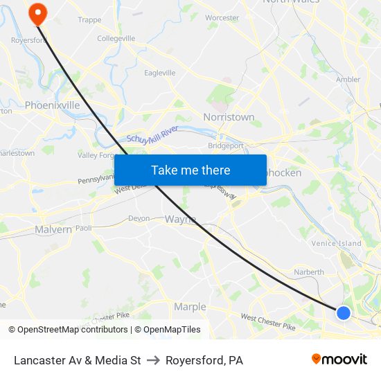 Lancaster Av & Media St to Royersford, PA map