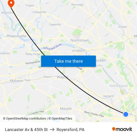 Lancaster Av & 45th St to Royersford, PA map