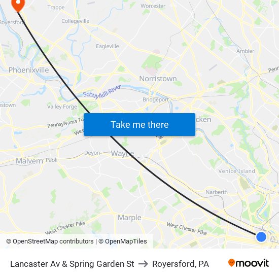 Lancaster Av & Spring Garden St to Royersford, PA map