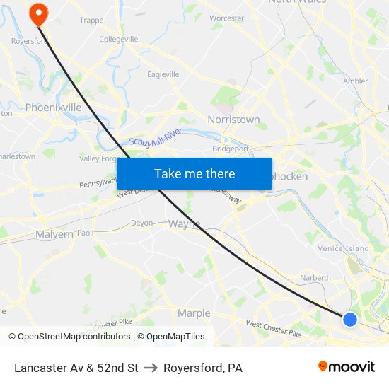 Lancaster Av & 52nd St to Royersford, PA map
