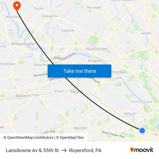 Lansdowne Av & 55th St to Royersford, PA map