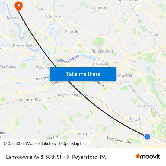 Lansdowne Av & 58th St to Royersford, PA map